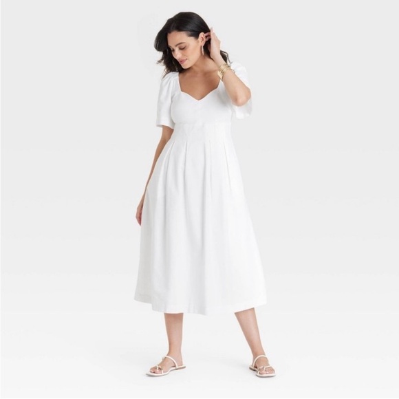 a new day Dresses & Skirts - a new day White Sweetheart Cotton Midi Dress with Short Sleeves & Pockets